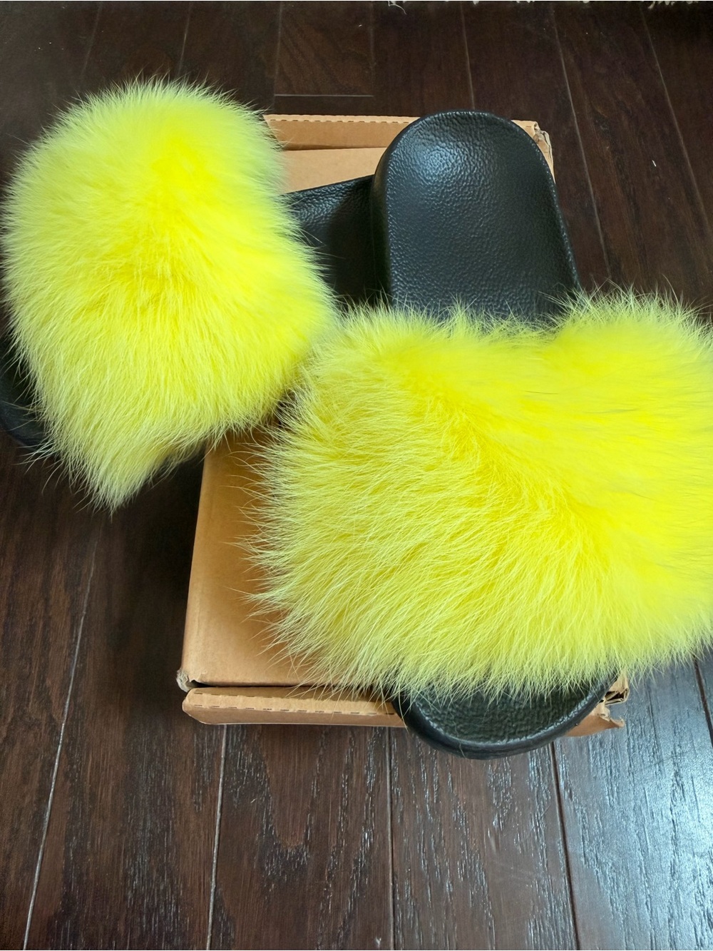 Yellow Faux Fur Slide Sandals - Women's Fashion Slides